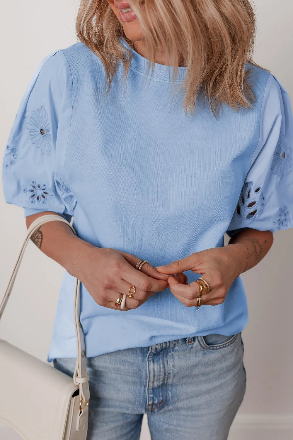 Eyelet Flower Embroidered Puff Short Sleeve Patchwork Crew Neck Blouse - Concordia Style Boutique