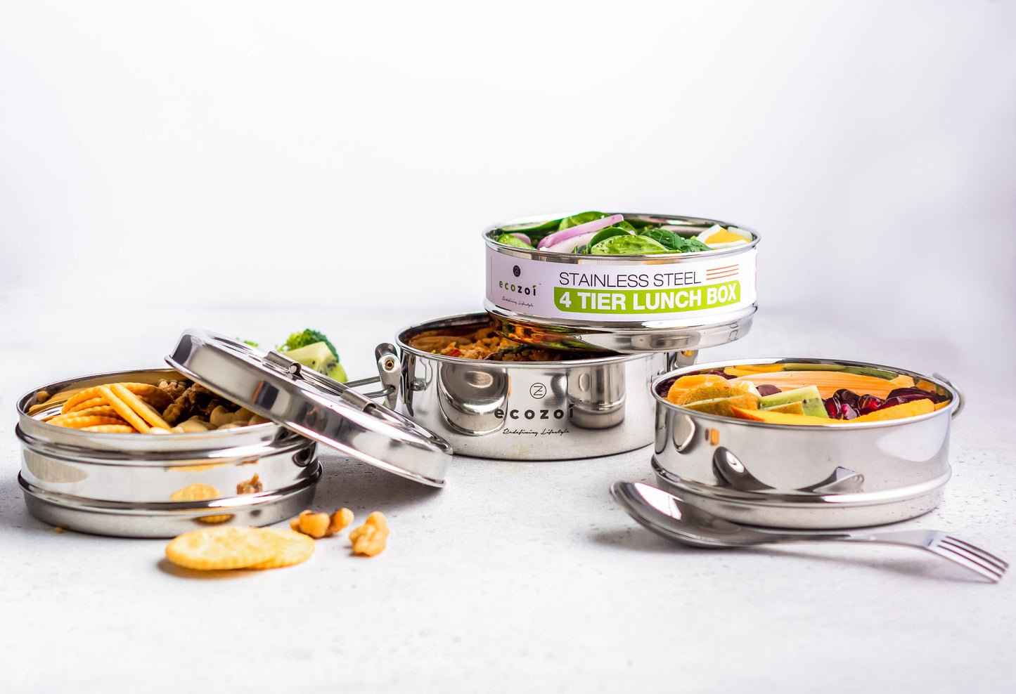 Stainless Steel Lunch Box, 4 Tier Round with Spork, 55 Oz - Concordia Style Boutique