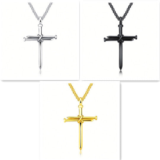 Steel/ Gold /Black Fashion Iron Nail Cross Pendant Necklace - Stainless Steel - 3mm Round - Concordia Style Boutique