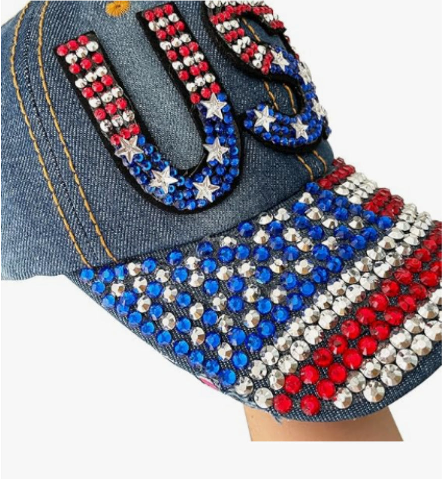 American Flag Baseball Cap - Denim Distressed Rhinestone Design (Navy Blue) - Concordia Style Boutique