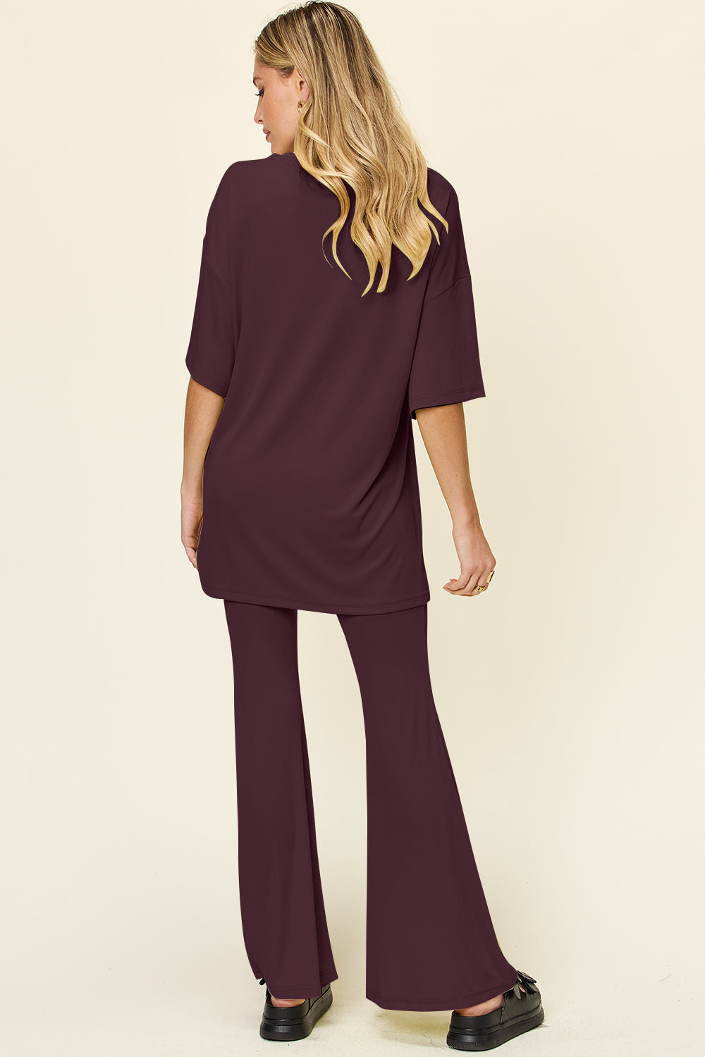 Double Take Full Size Round Neck Drop Shoulder T-Shirt and Flare Pants Set - Concordia Style Boutique