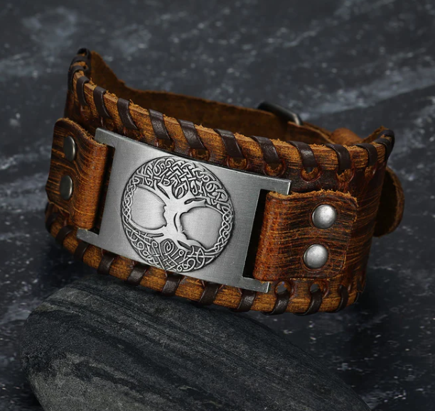 Asgard Crafted Leather Buckle Arm Cuff With Metal Celtic Tree Of Life Design - Concordia Style Boutique