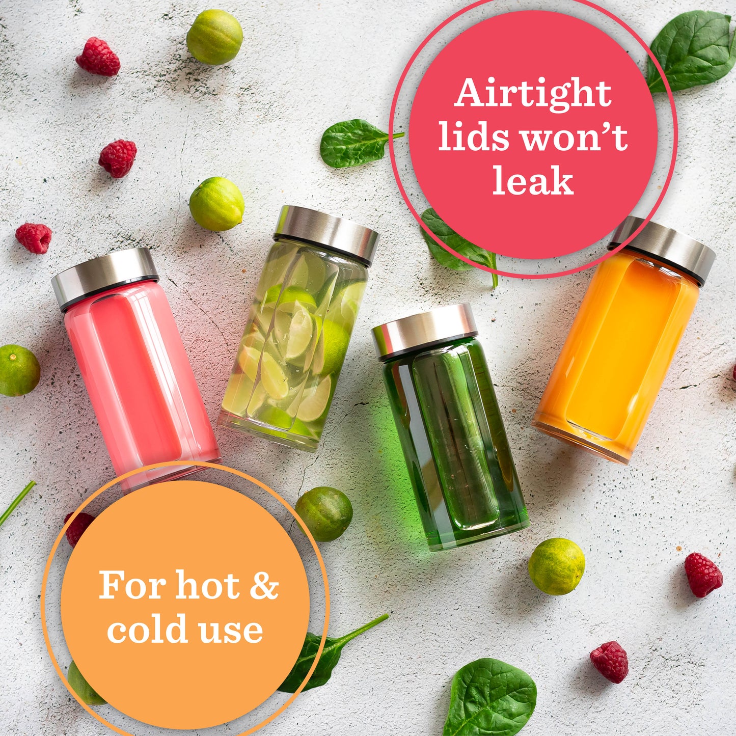 Skinny Series Wide Mouth Glass Bottles Set w/ Stainless Steel Lids, 10 oz