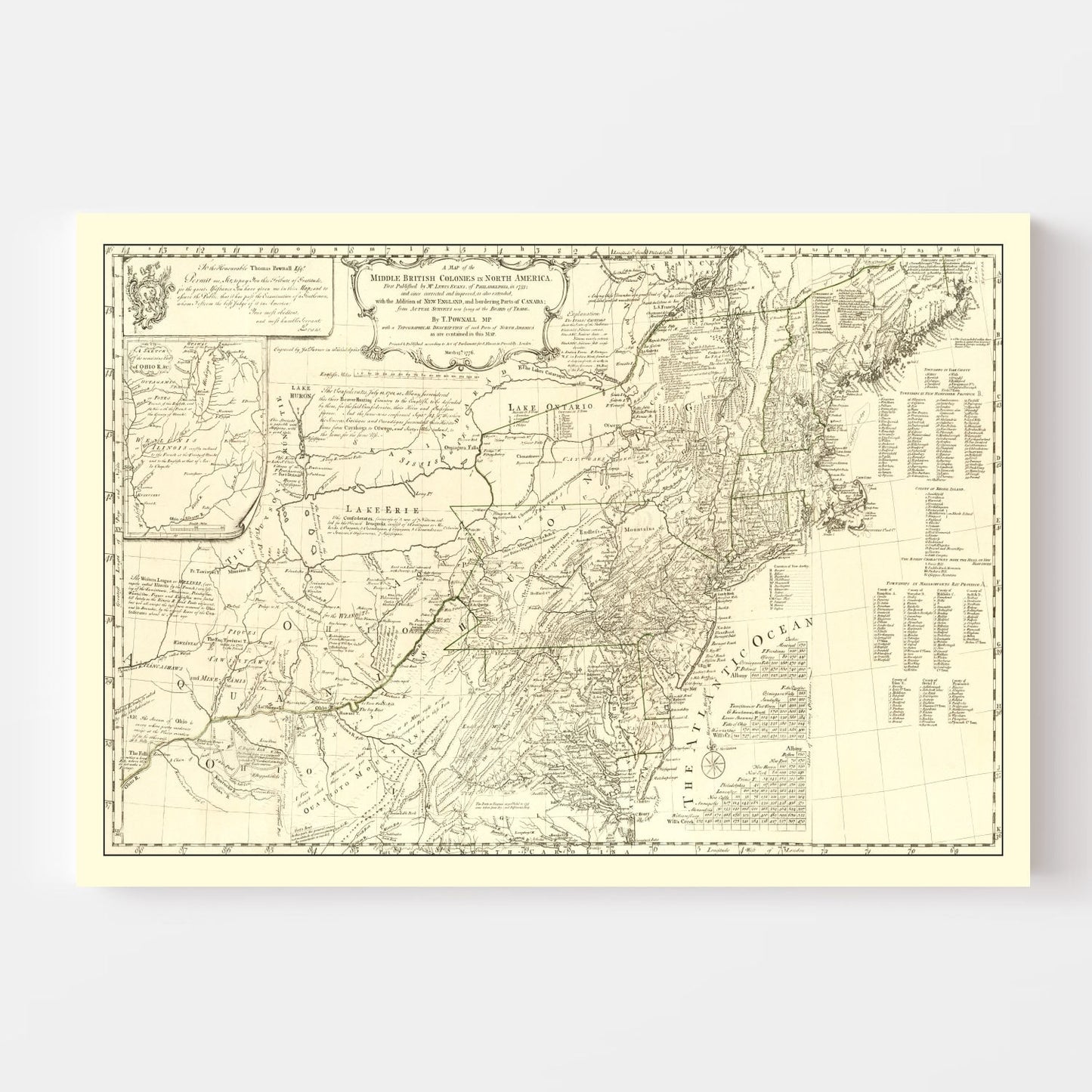 Vintage Map of the Middle British Colonies in North America 1755