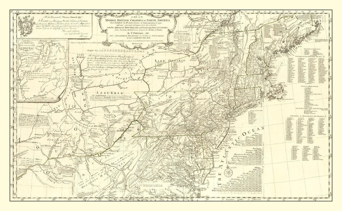 Vintage Map of the Middle British Colonies in North America 1755
