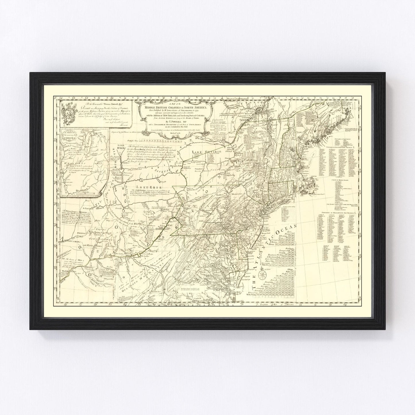 Vintage Map of the Middle British Colonies in North America 1755