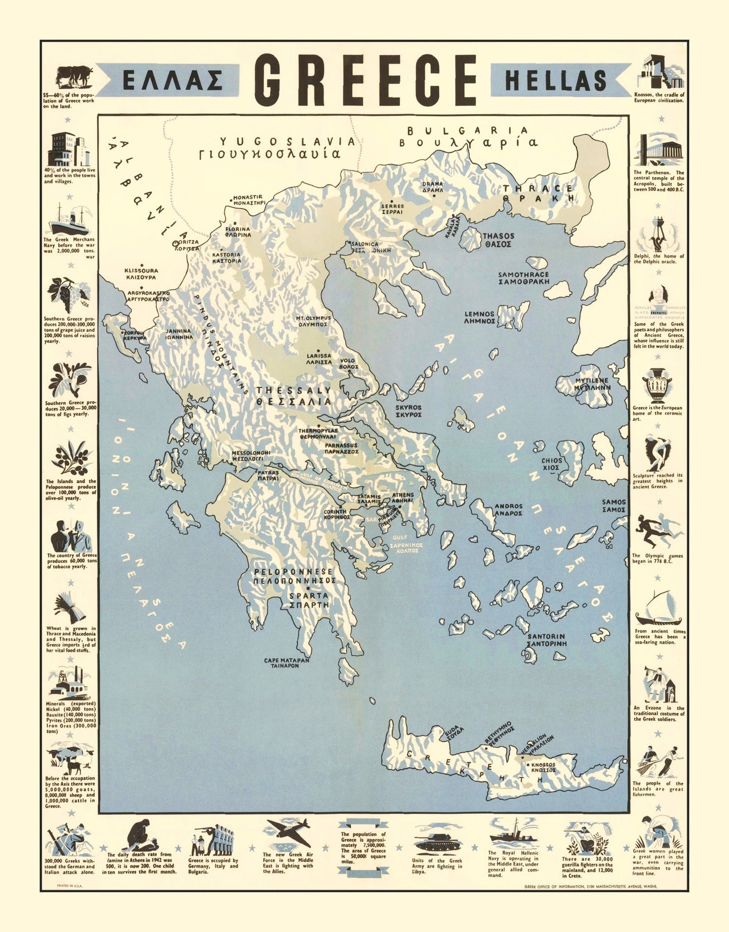 Vintage Greece World War II Map 1942