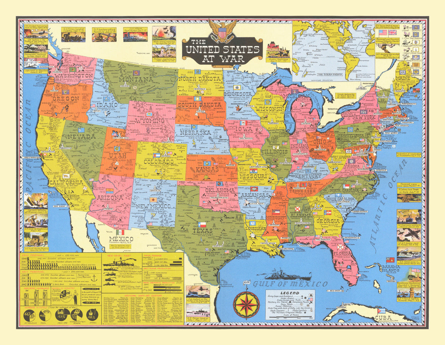Vintage United States World War II Map 1943
