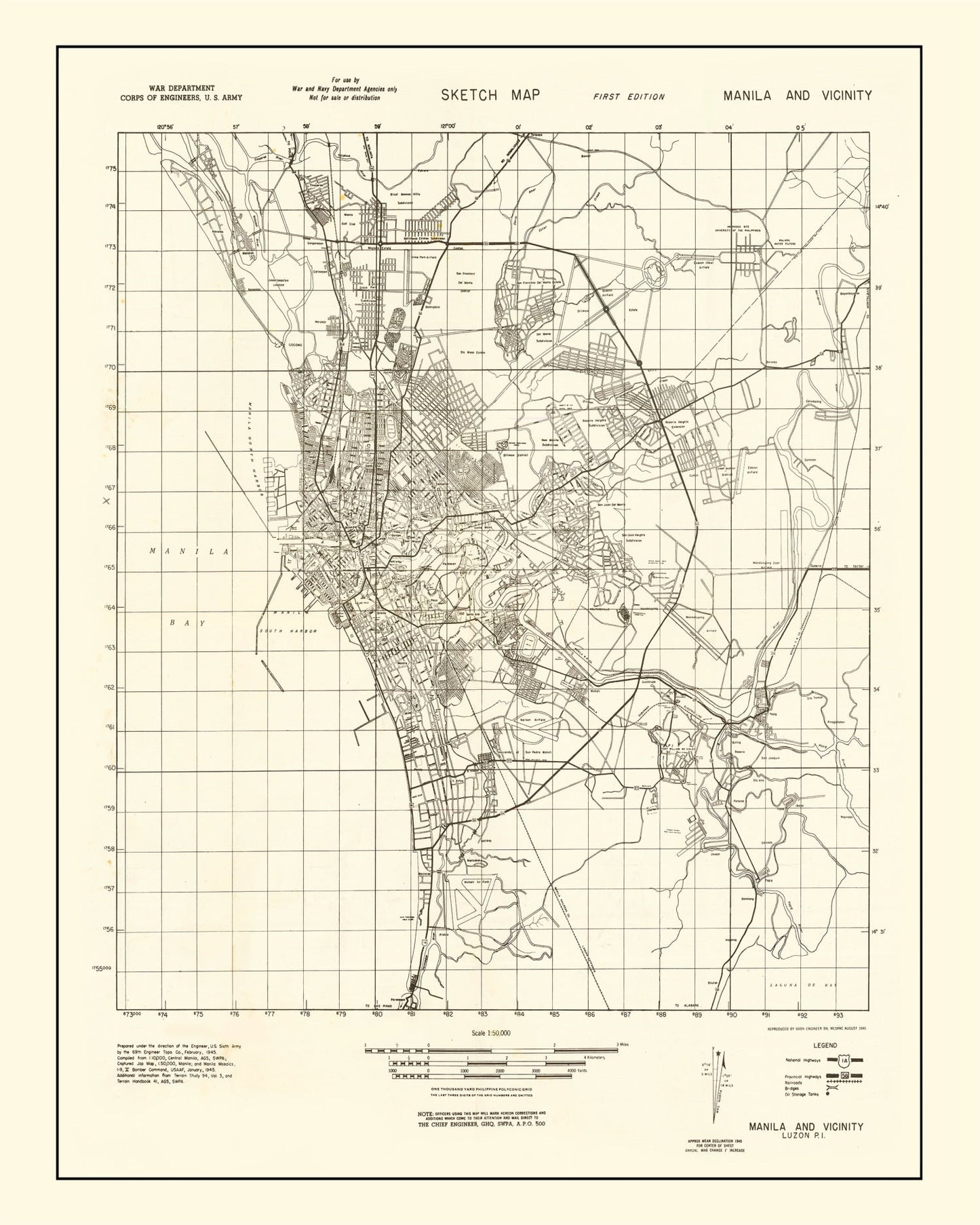 Vintage Manila Philippines World War II Map 1945