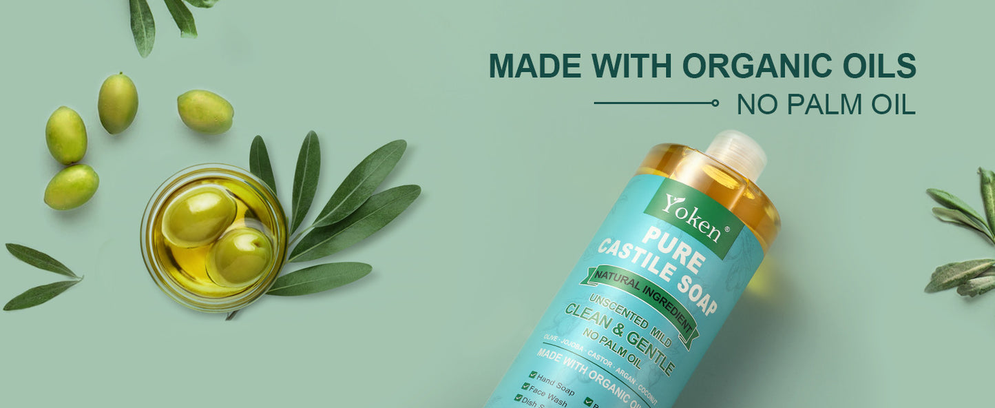 Yoken EWG Verified Castile Soap Liquid Unscented 33.8 fl oz Pure Castile Liquid Soap Made With Organic Oil, Clean & Gentle, Natural Castor Oil Soap for Body Wash, Hand, Dishes, Laundry, No Fragrance - Concordia Style Boutique