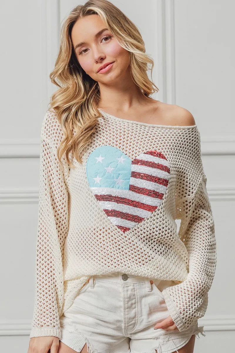 BiBi Sequin American Flag Heart Knit Cover Up