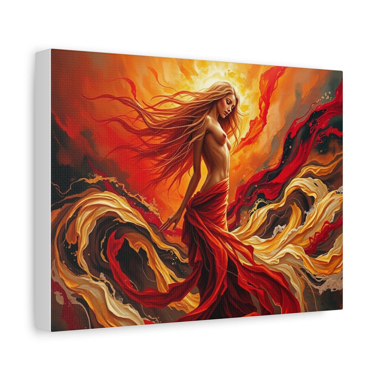Stretched Canvas Art Print: Fiery Goddess in Flowing Red, Home Decor, wall art, art gift, bohemian decor, vibrant painting