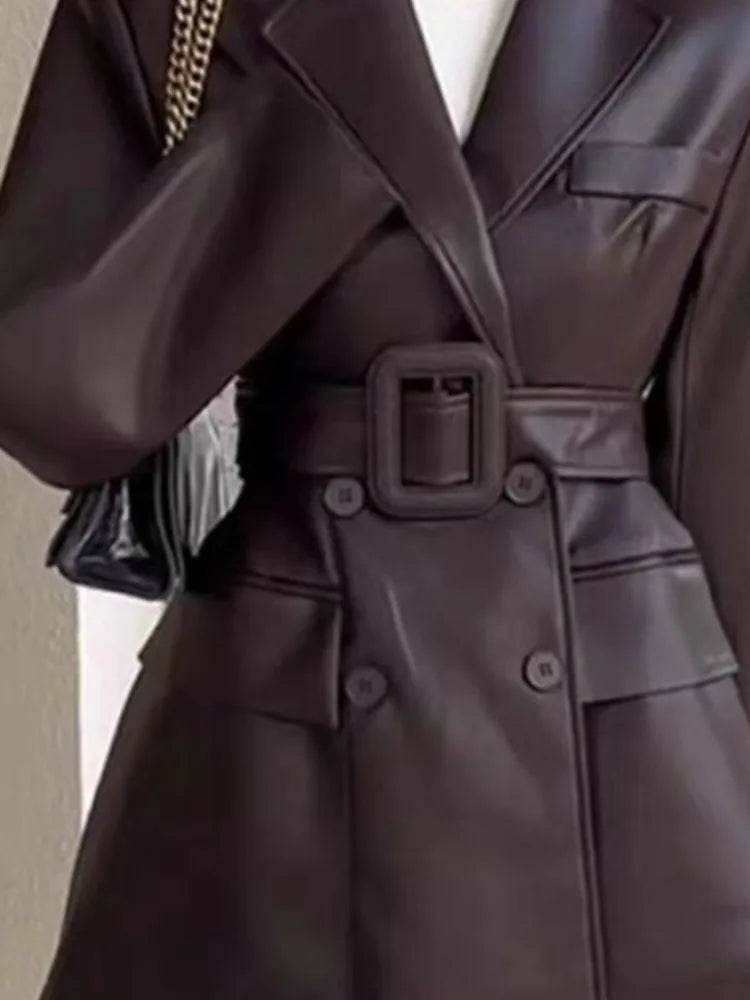 Coffee PU Leather Jacket For Women - Long Sleeve Hem Asymmetric With Belt - Office Lady Coat - Concordia Style Boutique