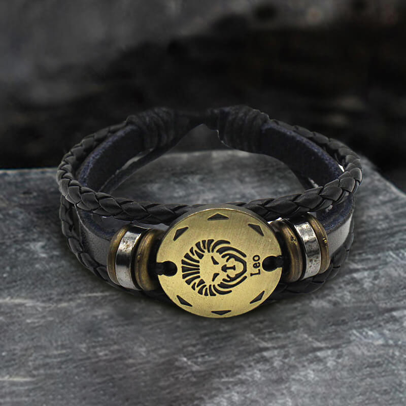 12 Zodiac Brass Leather Bracelet