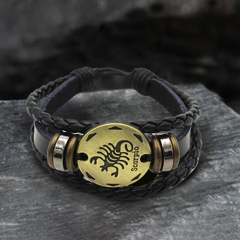 12 Zodiac Brass Leather Bracelet
