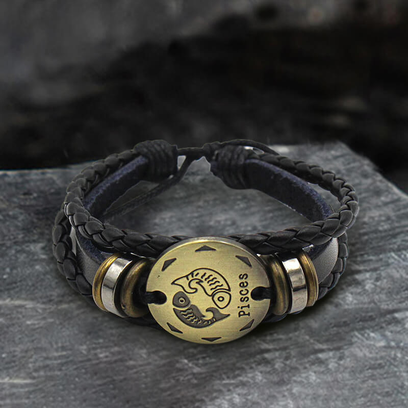 12 Zodiac Brass Leather Bracelet