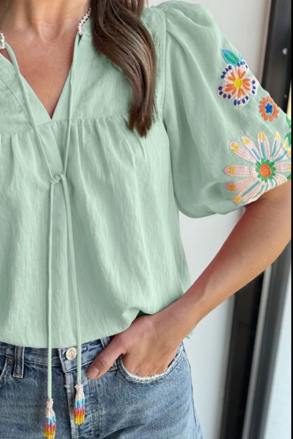 Embroidered Tie Neck Short Sleeve Blouse - Concordia Style Boutique