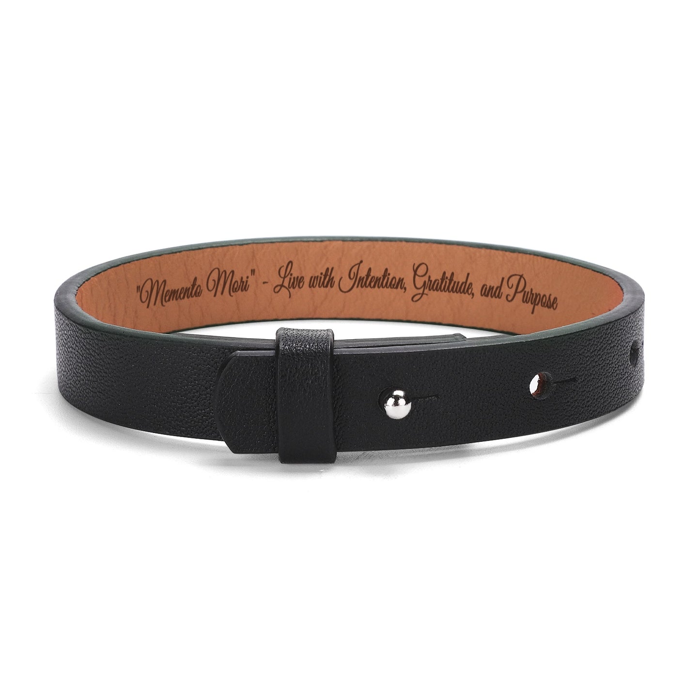 Engraved Black Leather Bracelet - "Memento Mori" - Live with Intention, Gratitude, and Purpose - Premium Bracelet from Concordia Style Boutique - Just $18.58! Shop now at Concordia Style Boutique