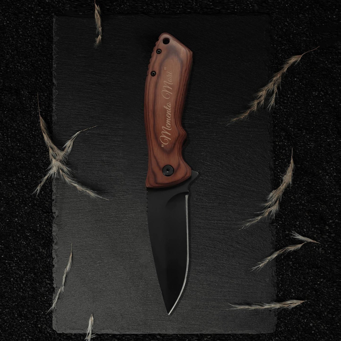 Personalized Engraved Camping Steel Knife Pocket Folding - Memento Mori - Live with Intention, Gratitude, and Purpose - Concordia Style Boutique