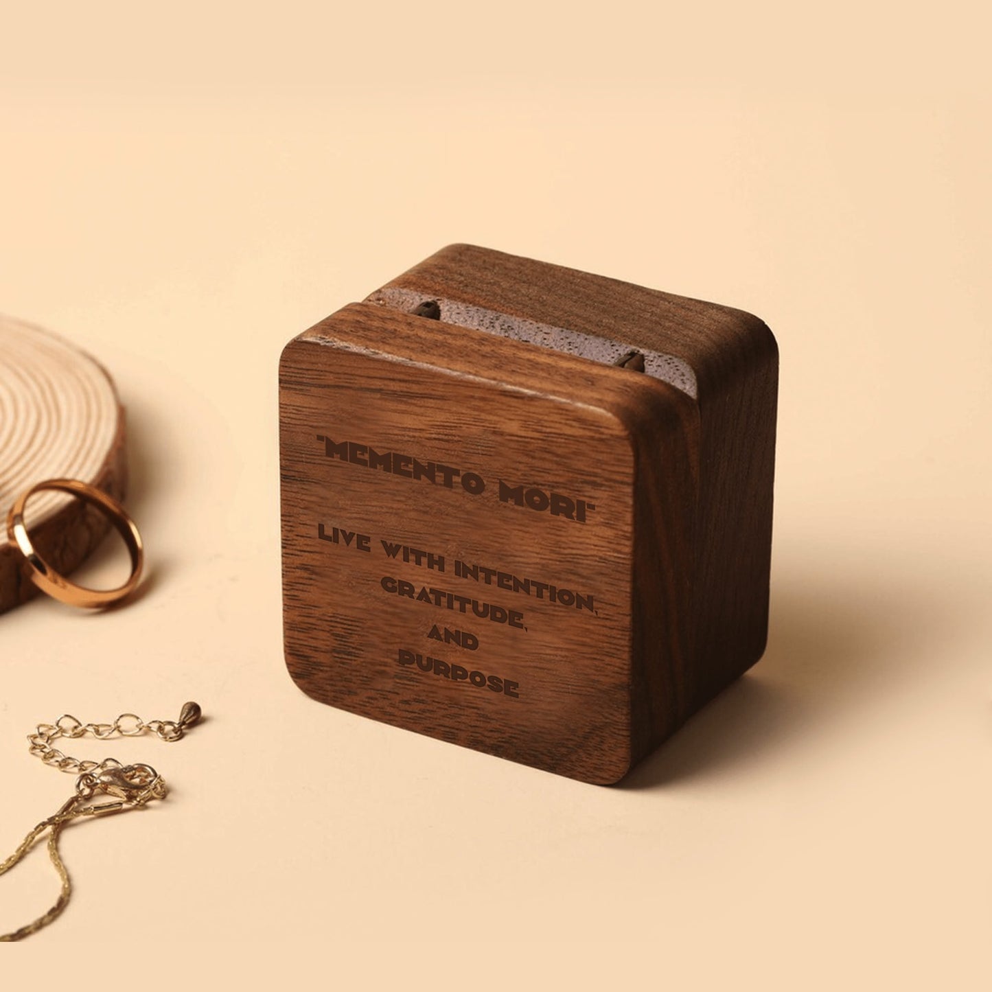 Engraved Wood Ring Holder Box - "Memento Mori" - Live with Intention, Gratitude, and Purpose - Premium Ring Holder from Concordia Style Boutique - Just $30.98! Shop now at Concordia Style Boutique
