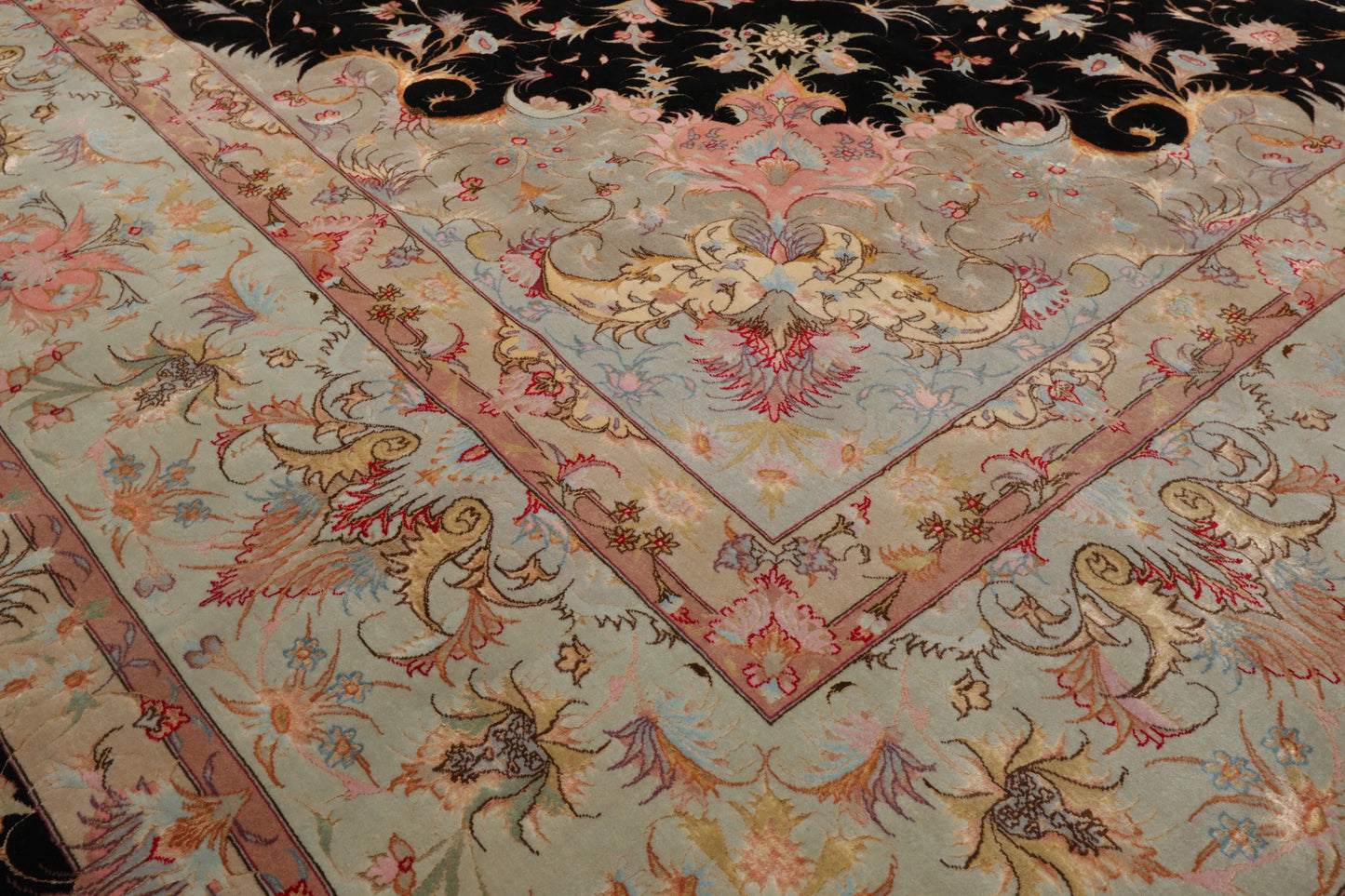 11' 6''x16' 10'' Palace Hand Knotted Wool and Silk Tabriz Traditional 400 KPSI Oriental Area Rug Black, Aqua Color - Concordia Style Boutique