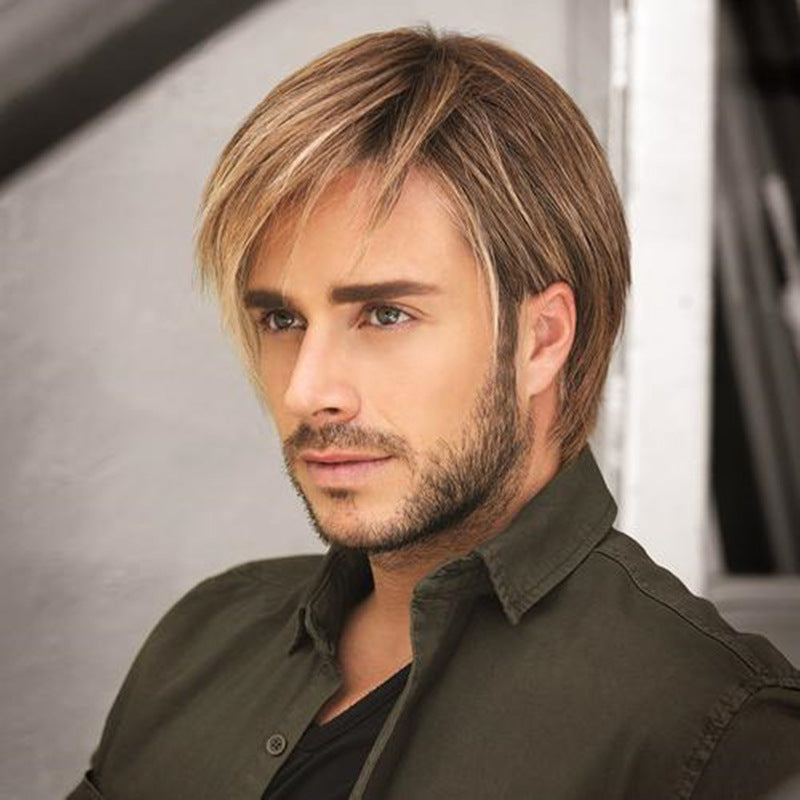 Men's Short Straight Hair Golden Brown Side Bangs Wig - Concordia Style Boutique