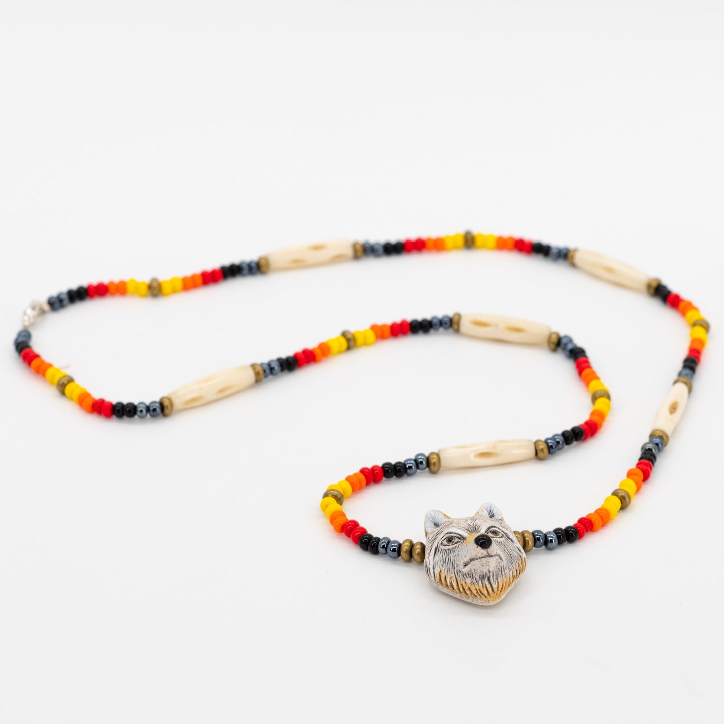 Colorful Beaded Necklace With Wolf Pendant | Handmade by Oglala Lakota Artist Frieda Big Road | #7