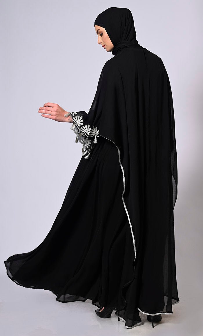 2 Pc Cape style Embroidered Black Abaya with Scalloped Edges