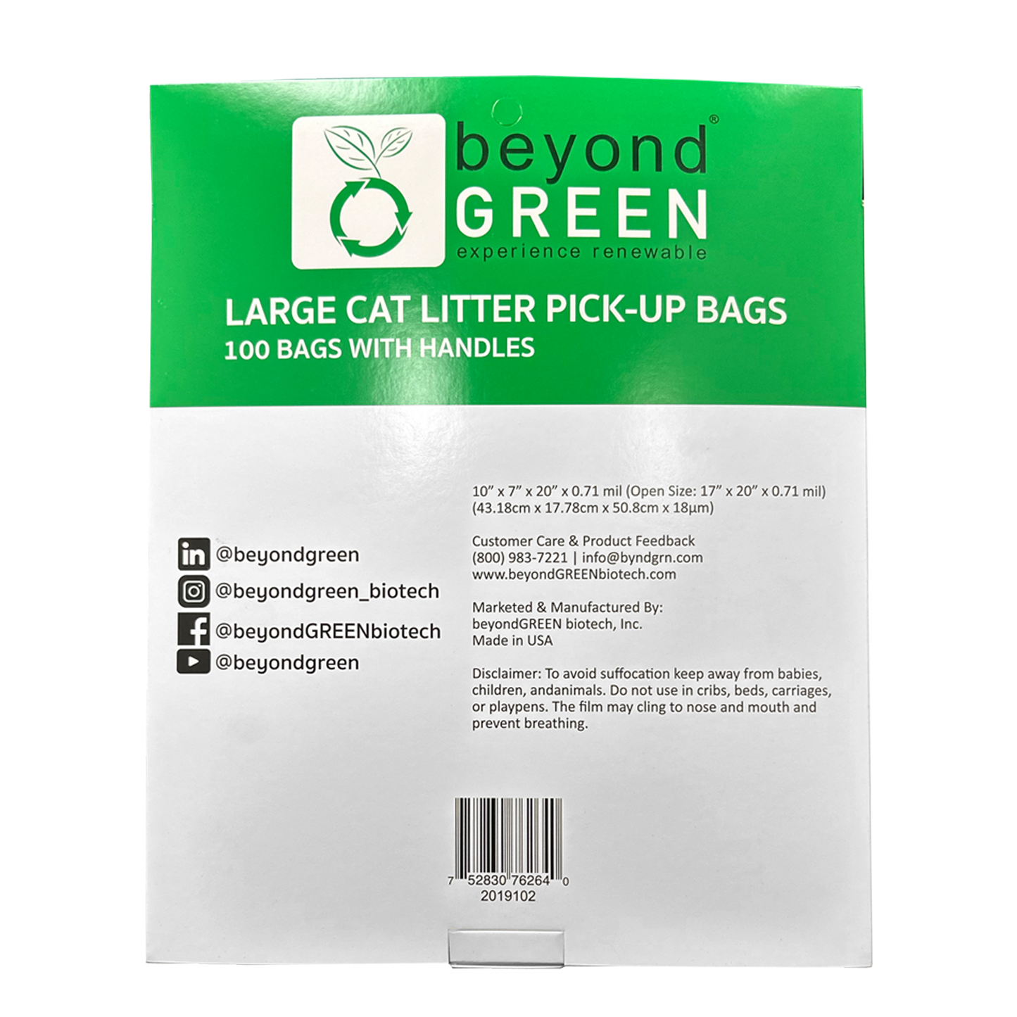 Large Plant-Based Cat Litter Pick-Up Bags with Handles - 100 Bags
