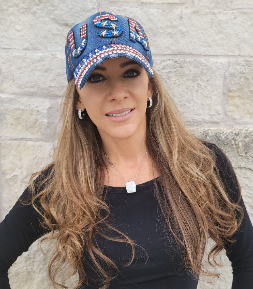 Dark Jean Hat with Rhinestone USA & American Flag Brim