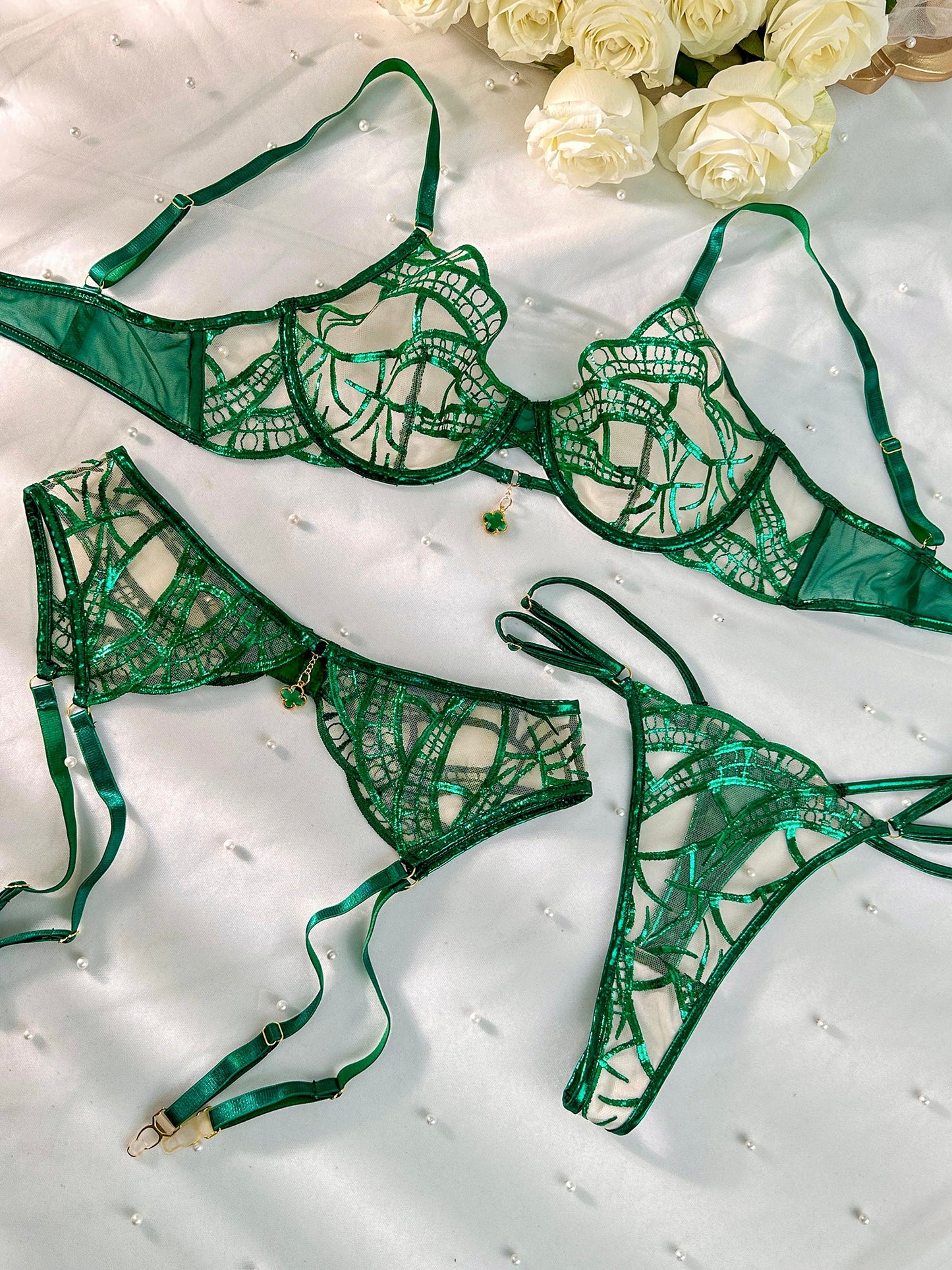 Luxe Green Metallic Foil Lace Lingerie Set - Concordia Style Boutique