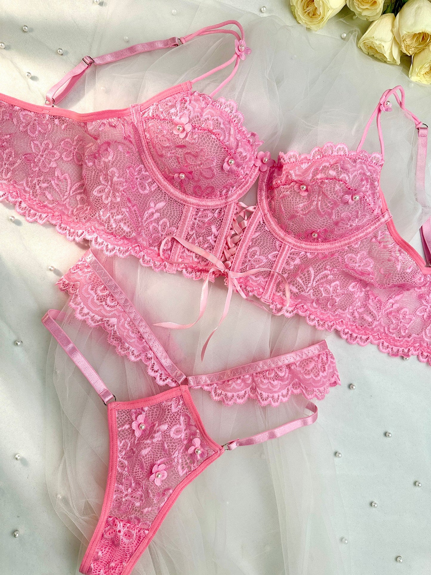 Pink Pearls Small Flower Lace Lingerie Set - Concordia Style Boutique