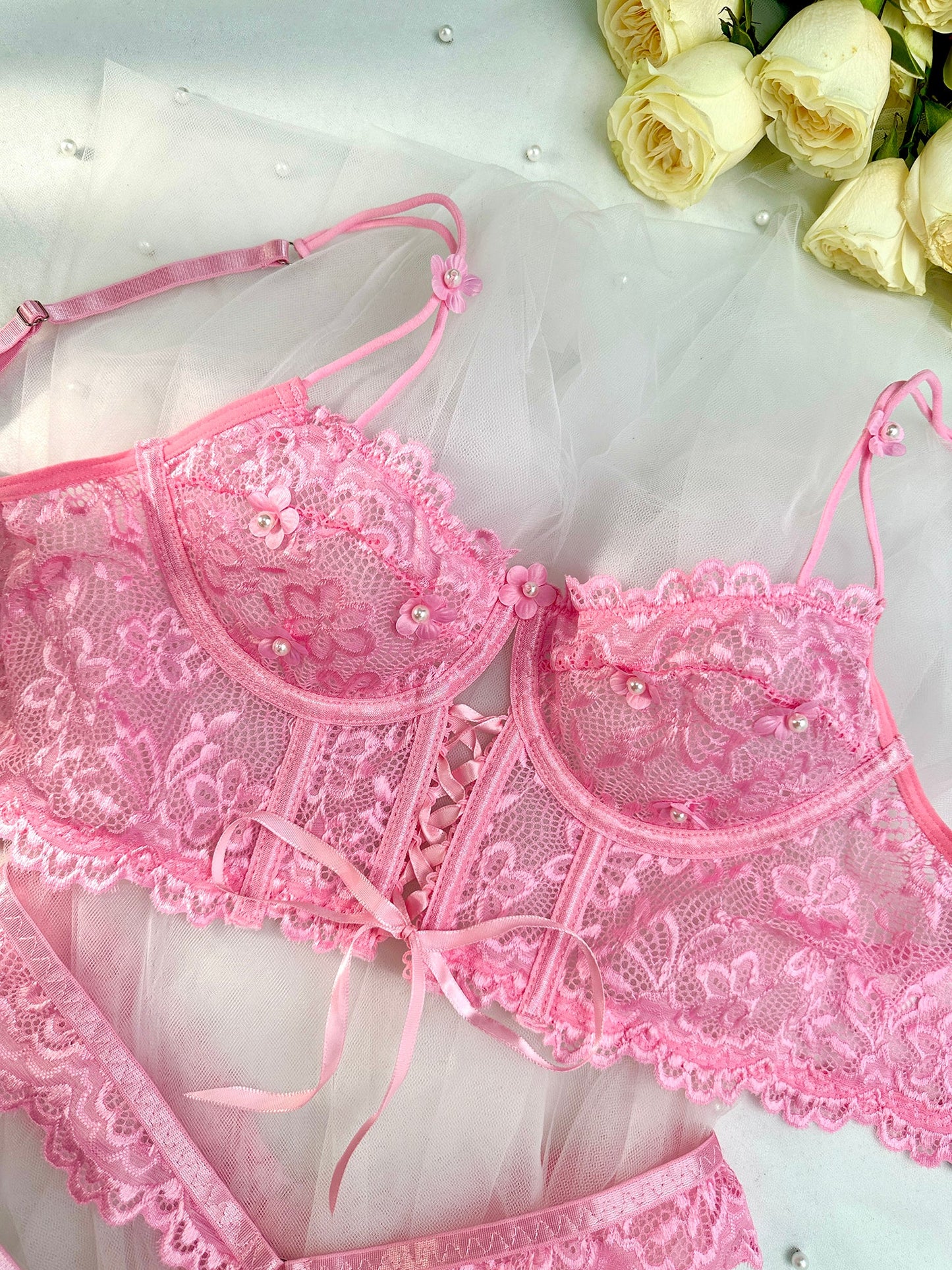 Pink Pearls Small Flower Lace Lingerie Set - Concordia Style Boutique
