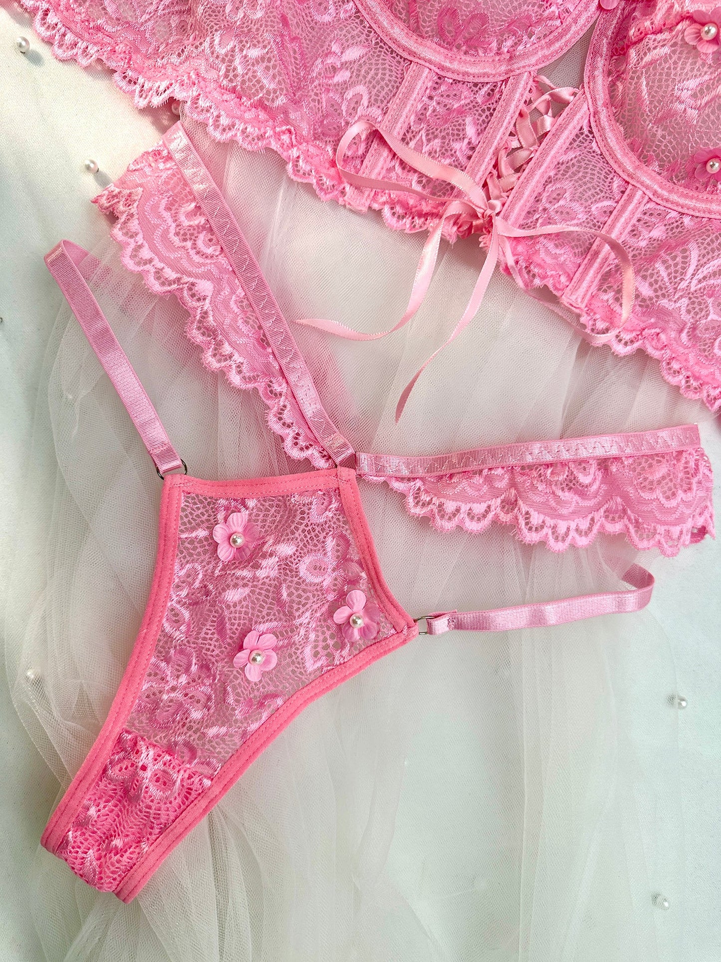 Pink Pearls Small Flower Lace Lingerie Set - Concordia Style Boutique