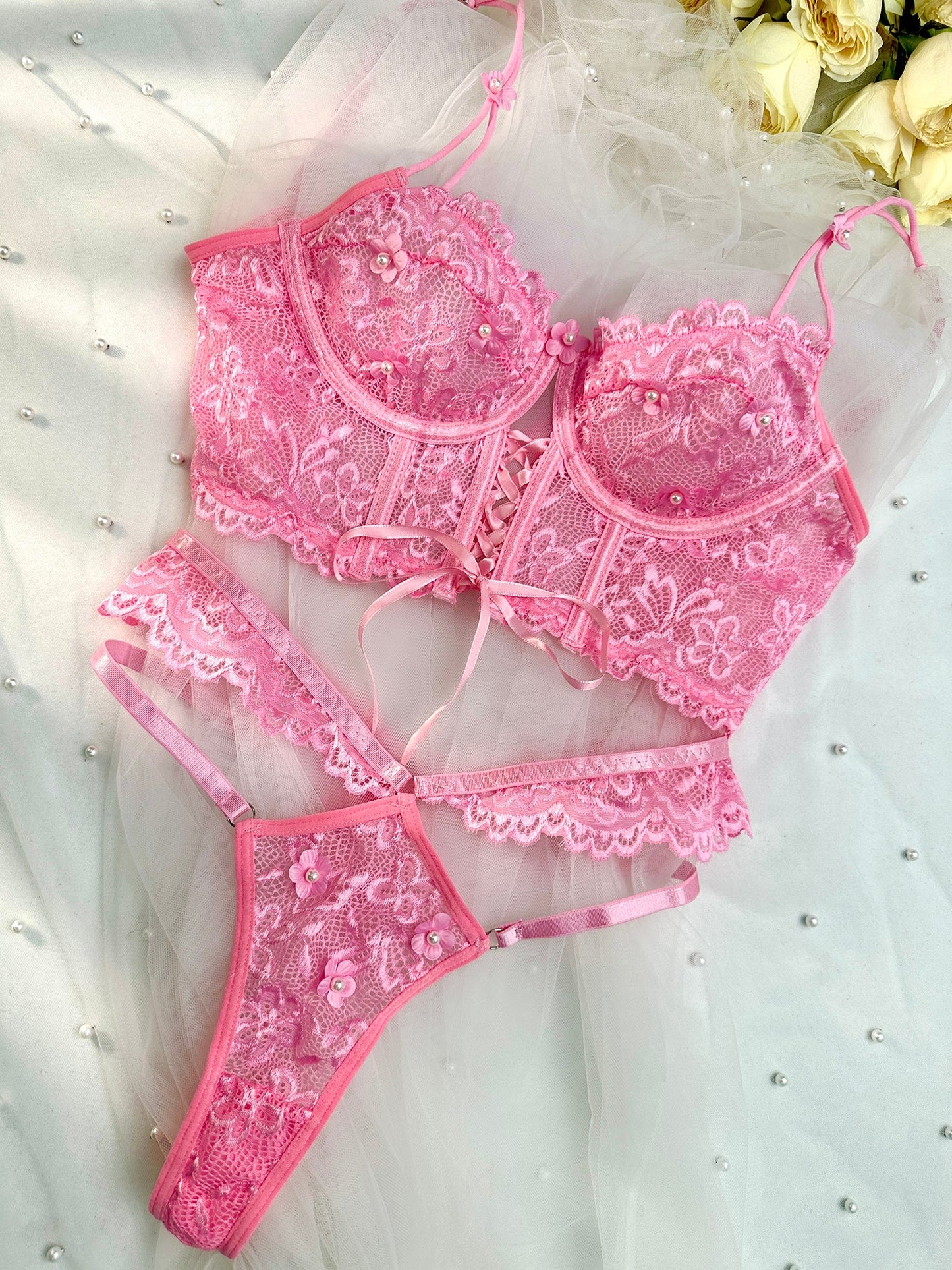 Pink Pearls Small Flower Lace Lingerie Set - Concordia Style Boutique