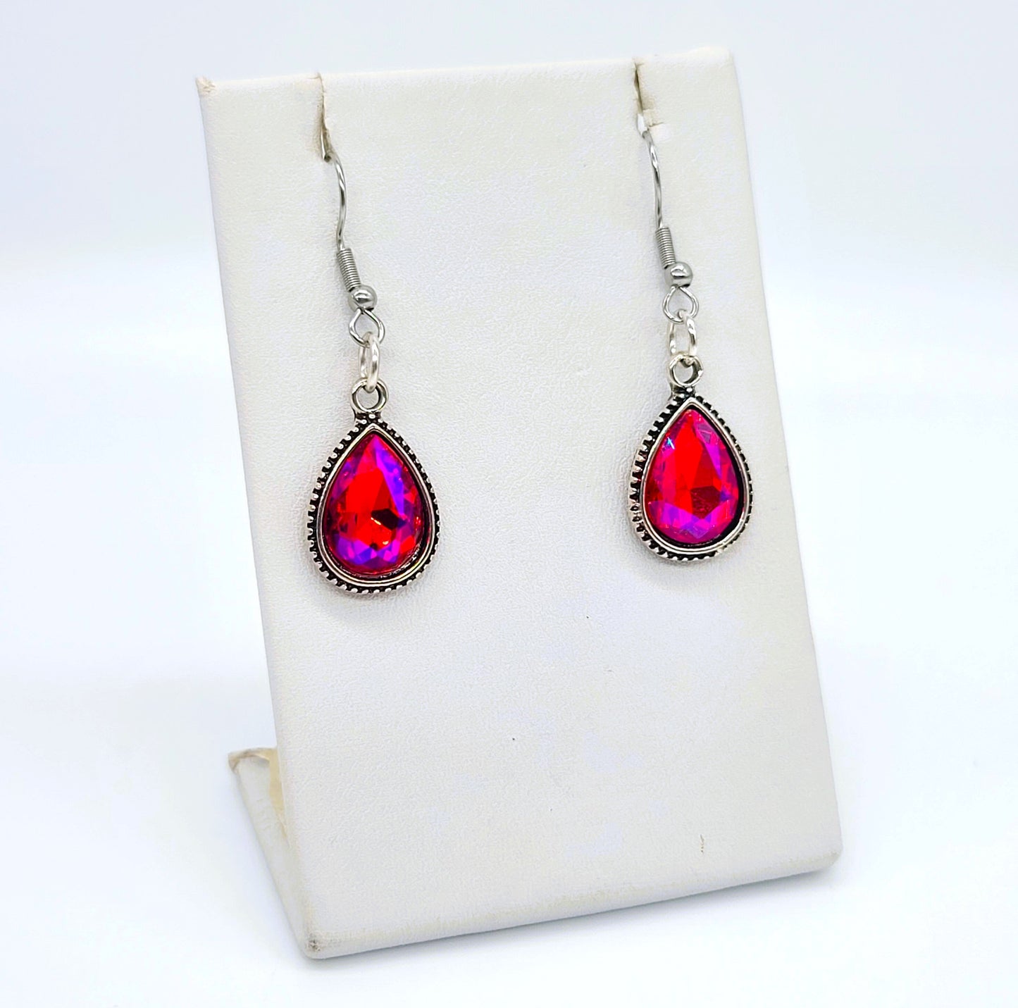 Antiqued Silver Red Teardrop Earrings