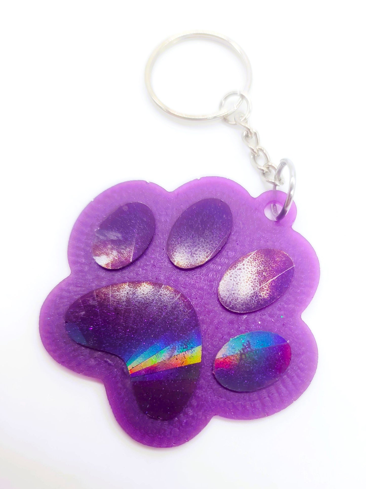 Holographic Dog Paw Heart Key Chain - Eco-Friendly Resin