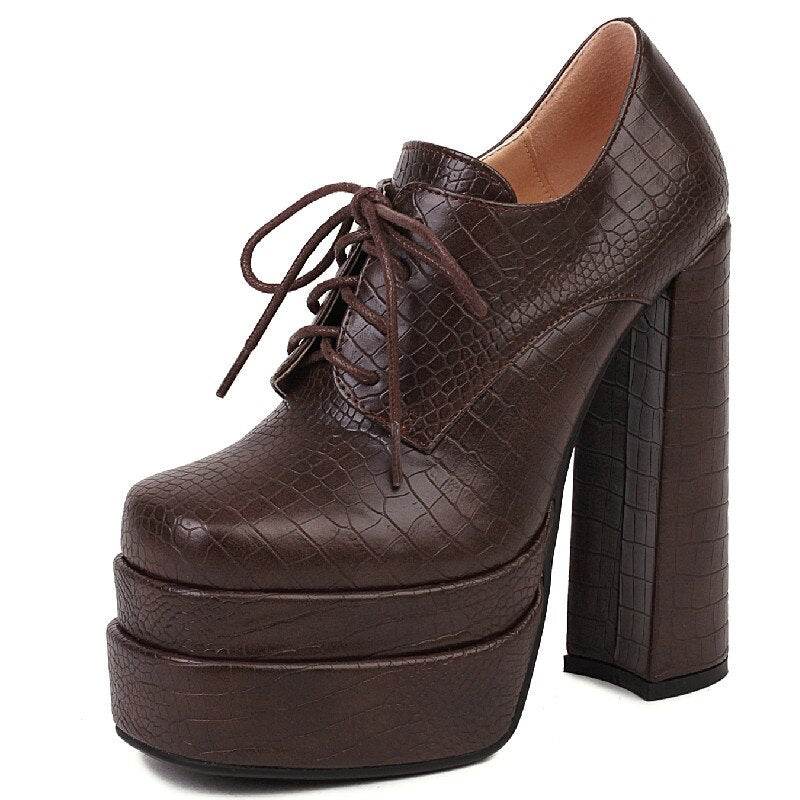 Women Pumps - New Square - Toe Platform - Thick High Heels - Lace-Up - Concordia Style Boutique
