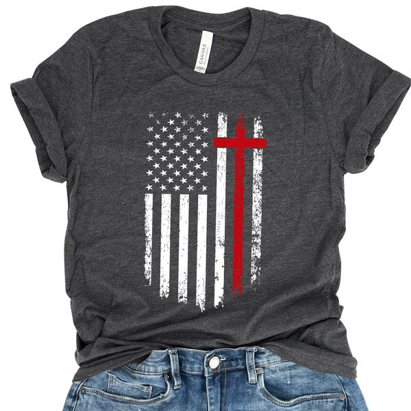 American Flag Red Stripe Cross Distressed T-shirt - Concordia Style Boutique