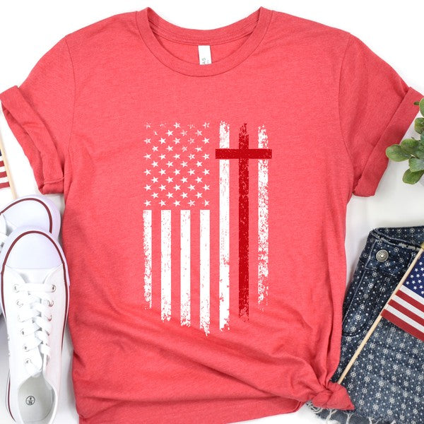 American Flag Red Stripe Cross Distressed T-shirt - Concordia Style Boutique