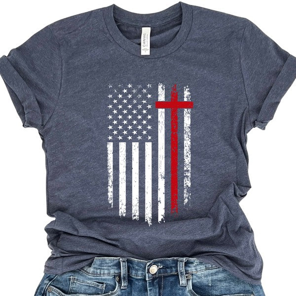 American Flag Red Stripe Cross Distressed T-shirt - Concordia Style Boutique