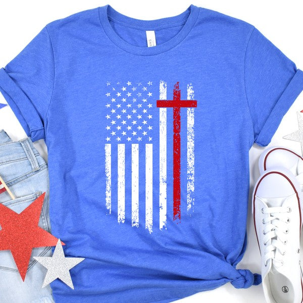 American Flag Red Stripe Cross Distressed T-shirt - Concordia Style Boutique
