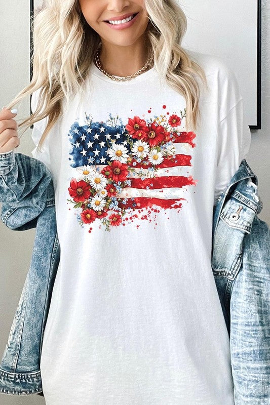 Floral American Flag Graphic Heavy Cotton Tee