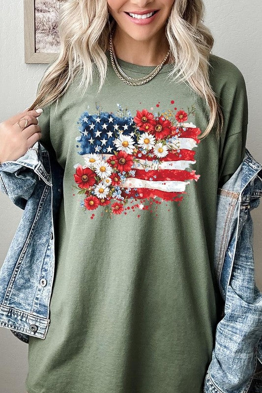 Floral American Flag Graphic Heavy Cotton Tee