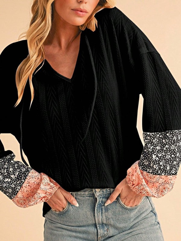 Floral Patchwork Cable Texture Drawstring V Top