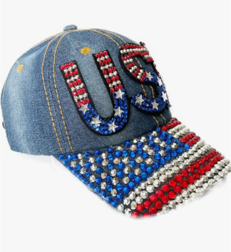 American Flag Baseball Cap - Denim Distressed Rhinestone Design (Navy Blue) - Concordia Style Boutique