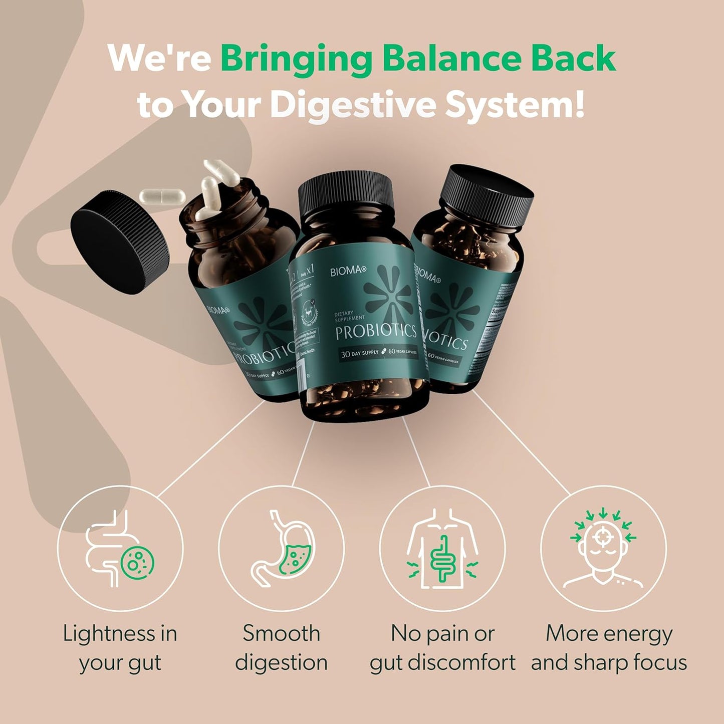BIOMA Probiotic Gut Support - Vegan, Gluten Free, 60 Caps