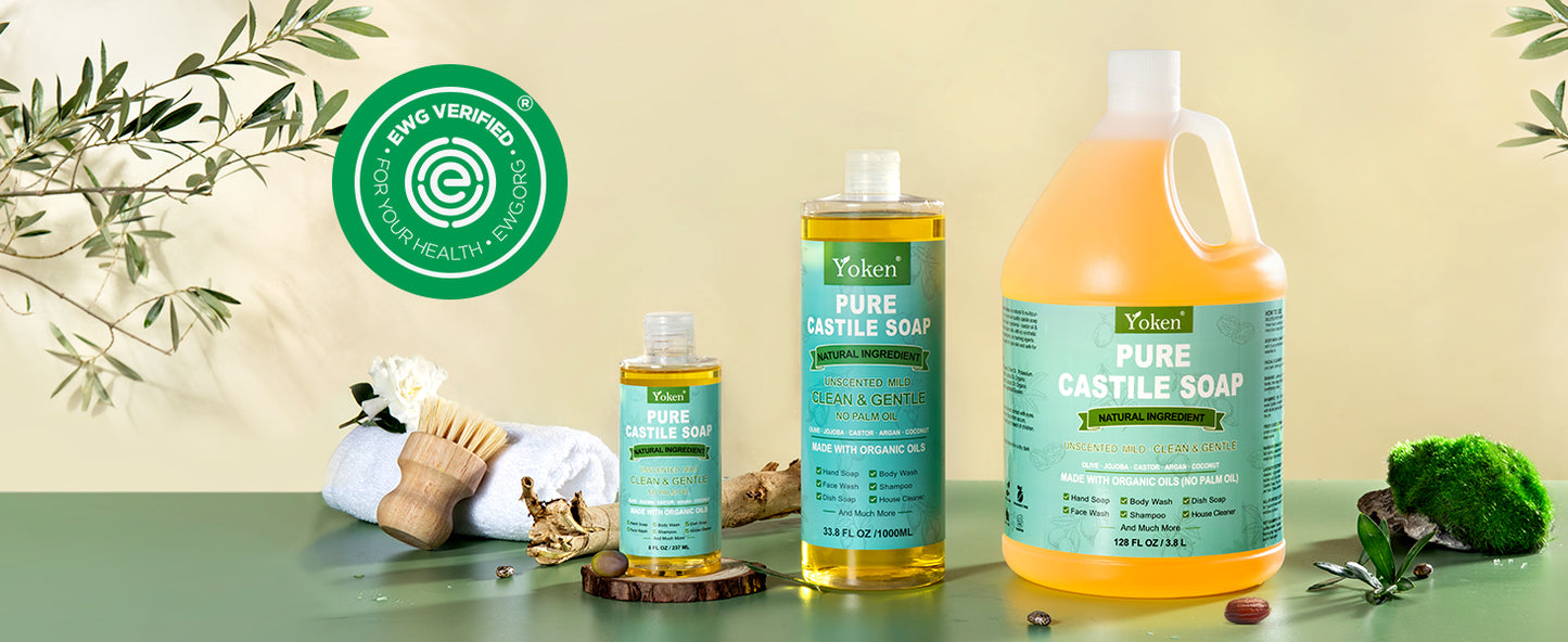 Yoken EWG Verified Castile Soap Liquid Unscented 33.8 fl oz Pure Castile Liquid Soap Made With Organic Oil, Clean & Gentle, Natural Castor Oil Soap for Body Wash, Hand, Dishes, Laundry, No Fragrance - Concordia Style Boutique