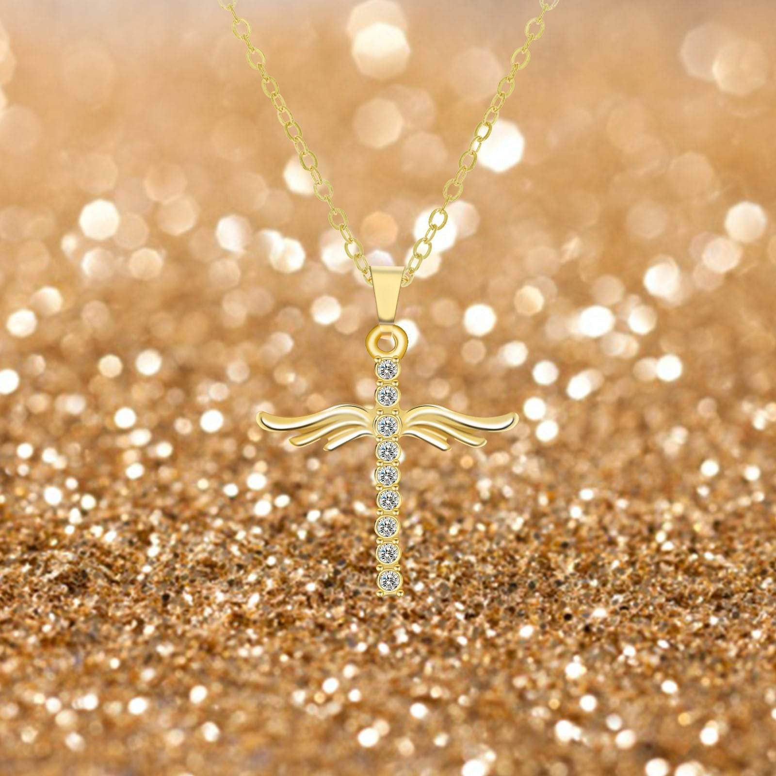 Simple Cross Diamond Angel Wings Pendant - Concordia Style Boutique