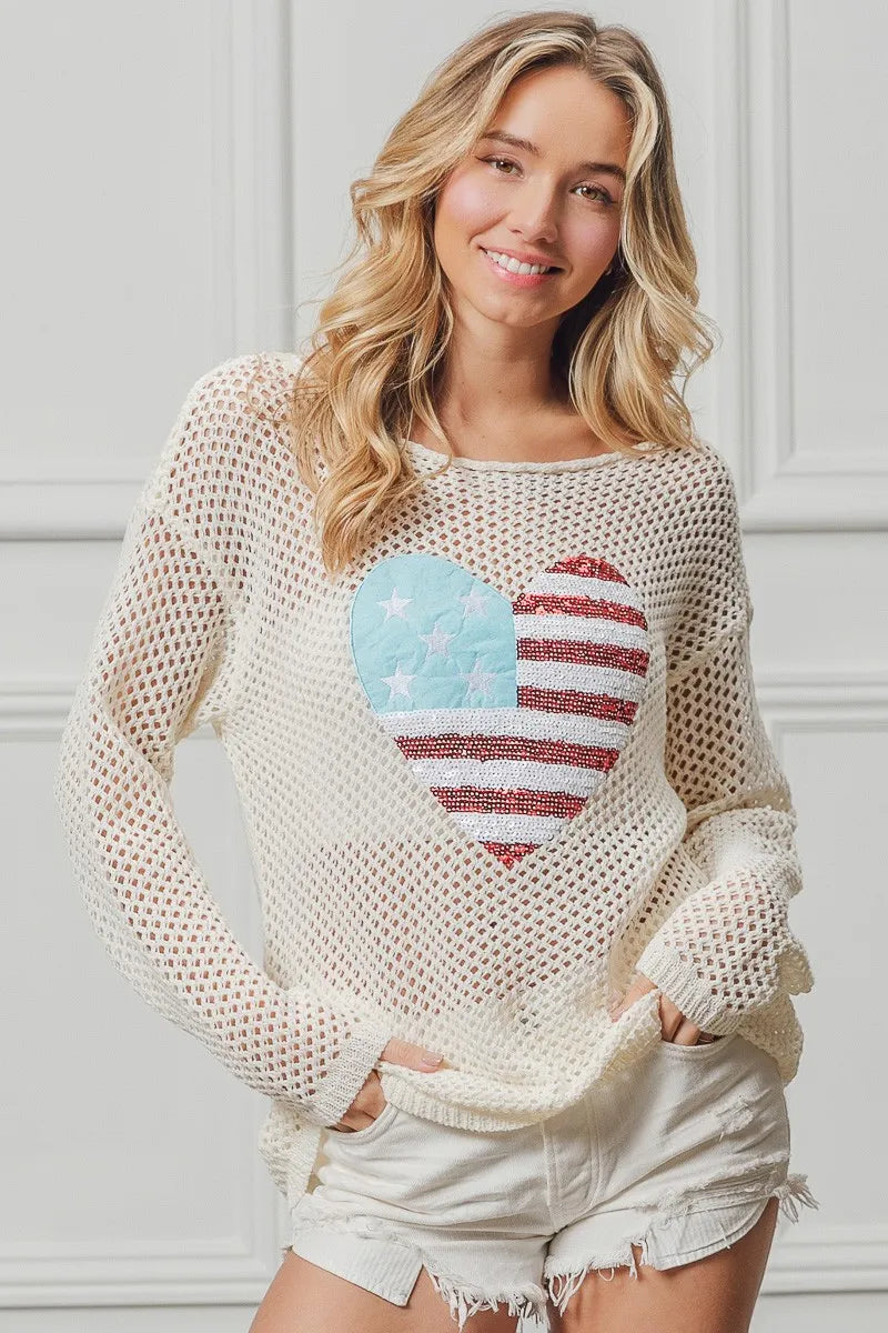 BiBi Sequin American Flag Heart Knit Cover Up